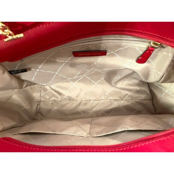 Michael Kors Red Leather Satchel Tote Shoulder Bag Purse Gold Chain Logo Charm - Picture 4 of 7